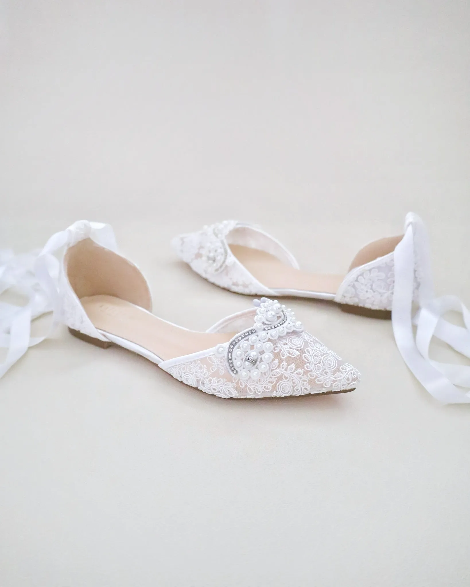 Crochet Lace Pointy Toe Flats with Small Pearls Applique