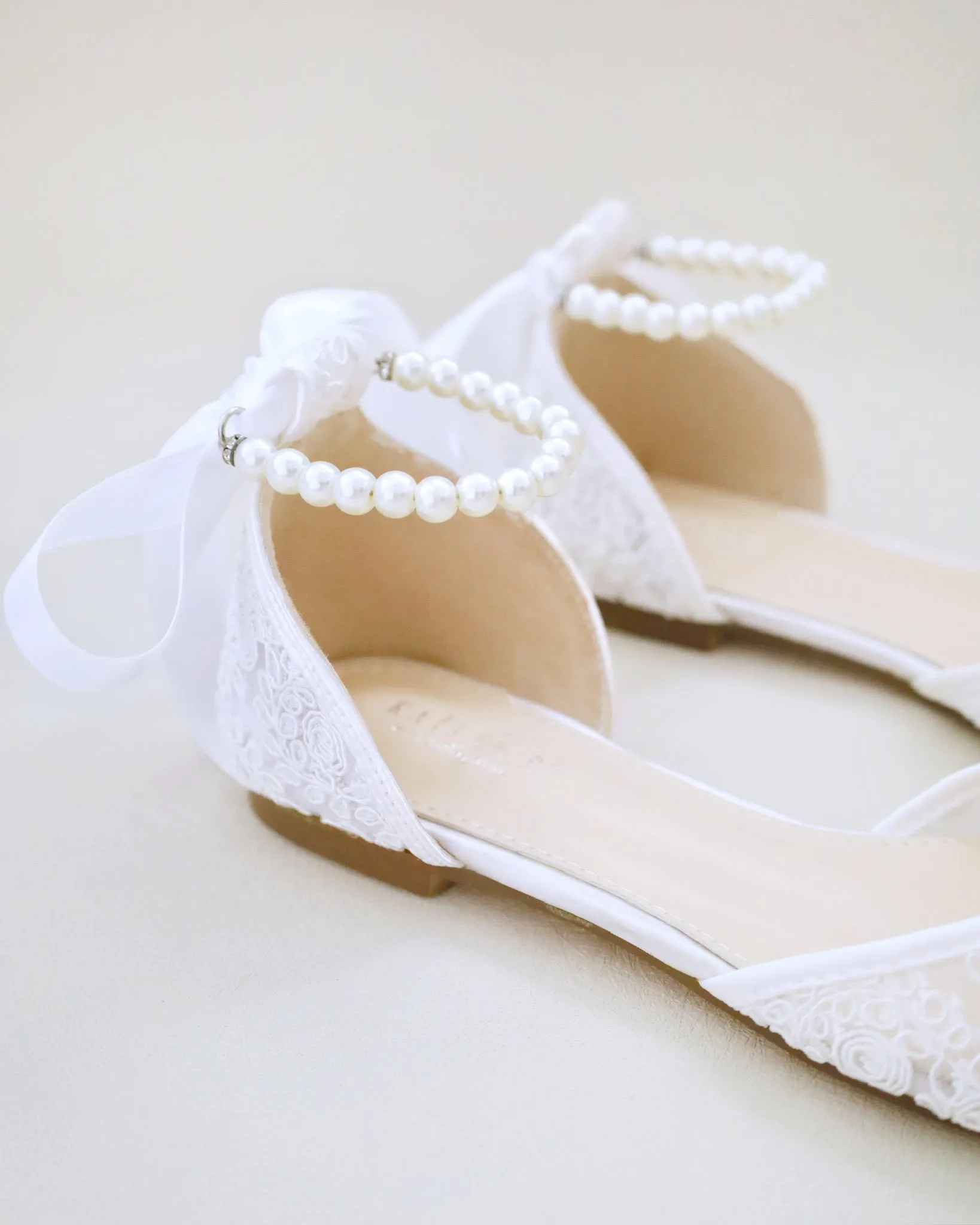 Crochet Lace Pointy Toe Flats with Small Pearls Applique