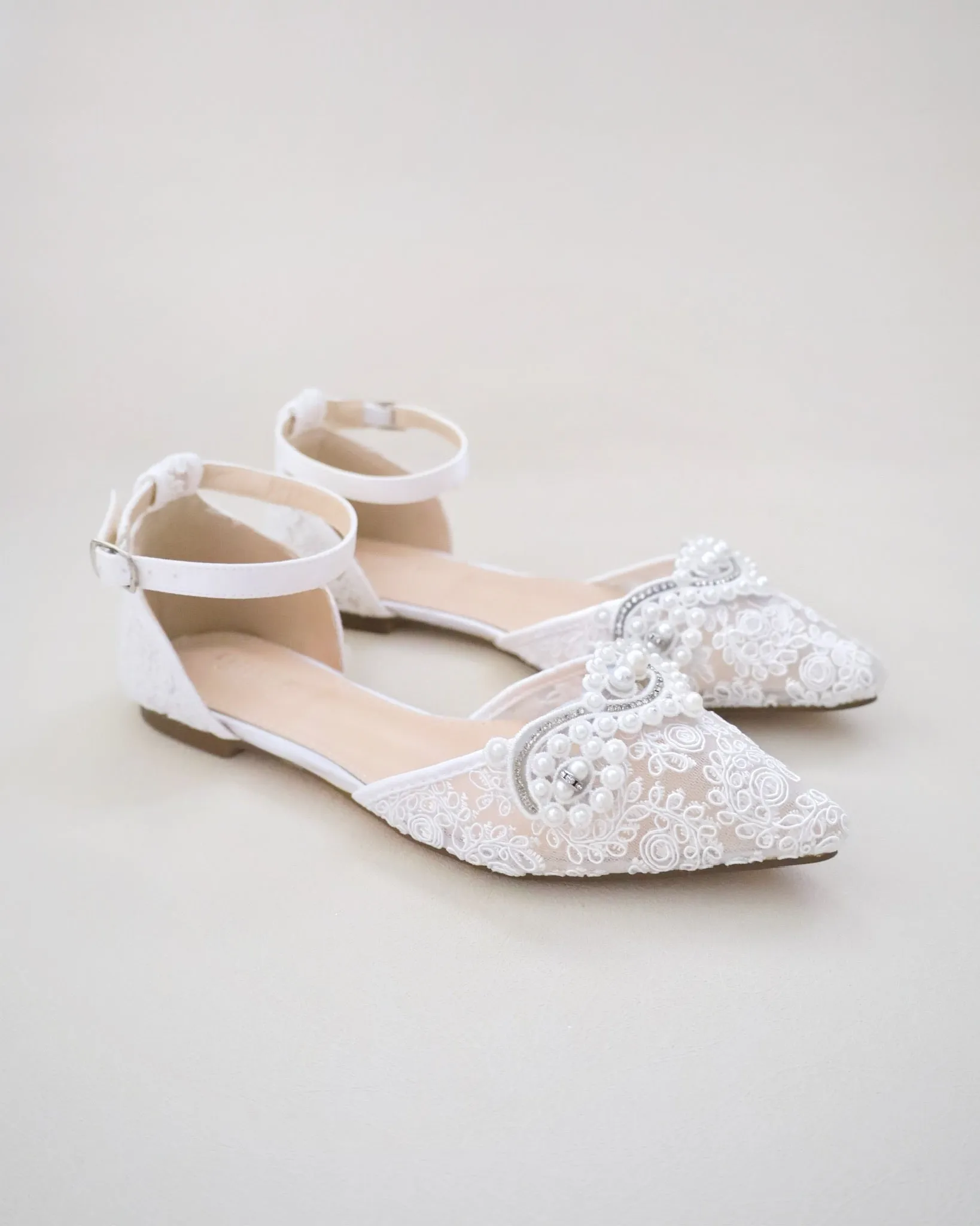 Crochet Lace Pointy Toe Flats with Small Pearls Applique