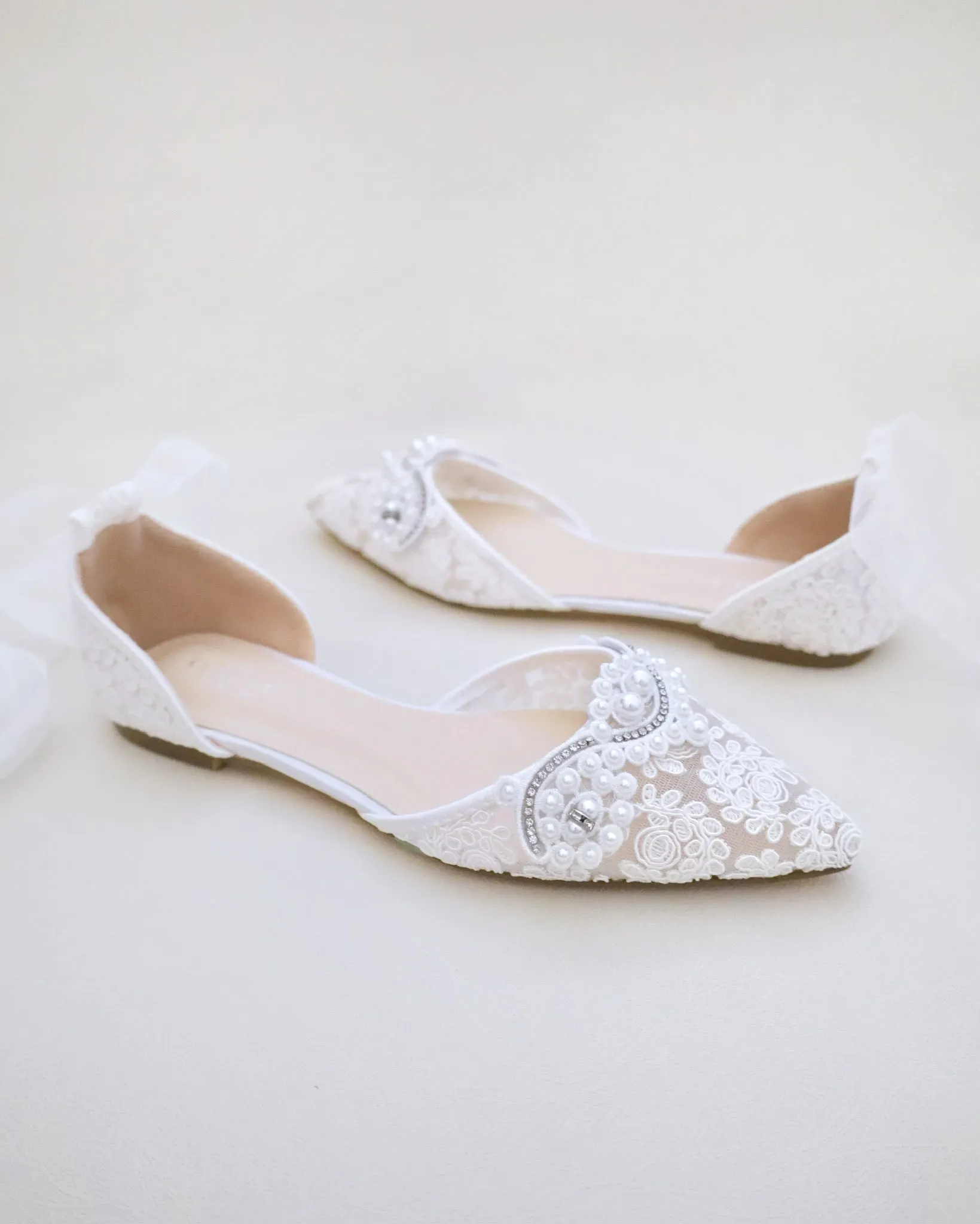 Crochet Lace Pointy Toe Flats with Small Pearls Applique