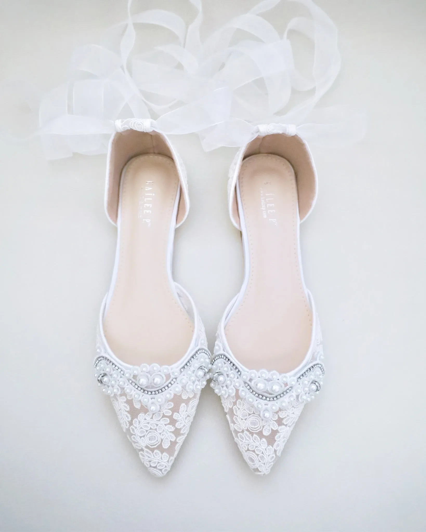 Crochet Lace Pointy Toe Flats with Small Pearls Applique