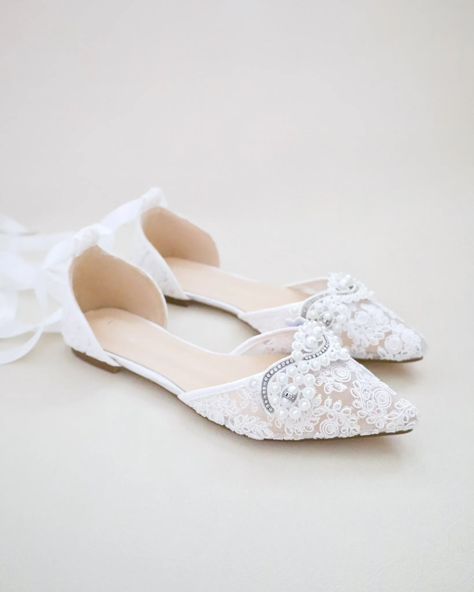 Crochet Lace Pointy Toe Flats with Small Pearls Applique