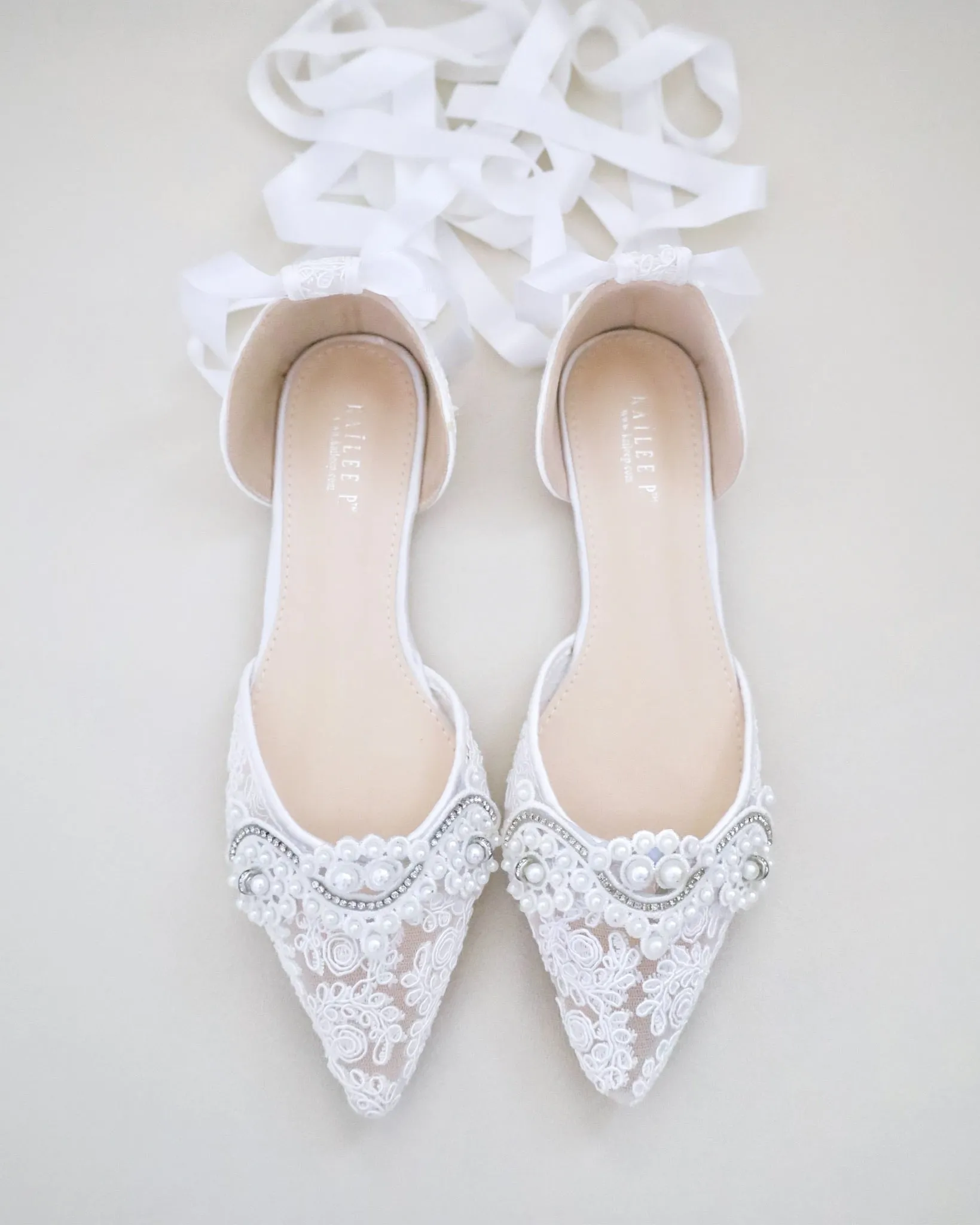 Crochet Lace Pointy Toe Flats with Small Pearls Applique