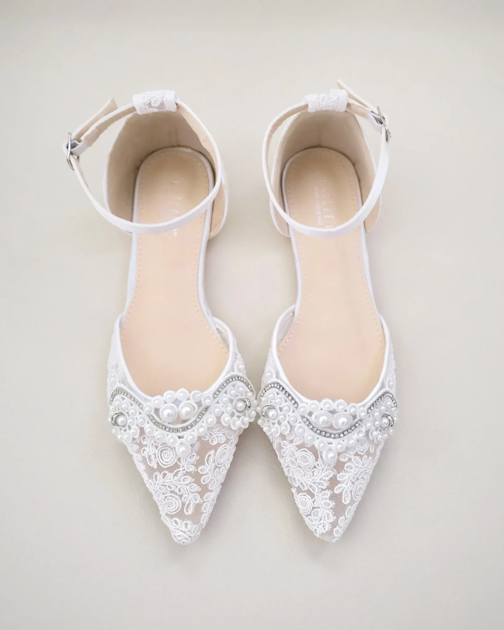 Crochet Lace Pointy Toe Flats with Small Pearls Applique