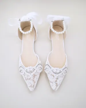 Crochet Lace Pointy Toe Flats with Small Pearls Applique
