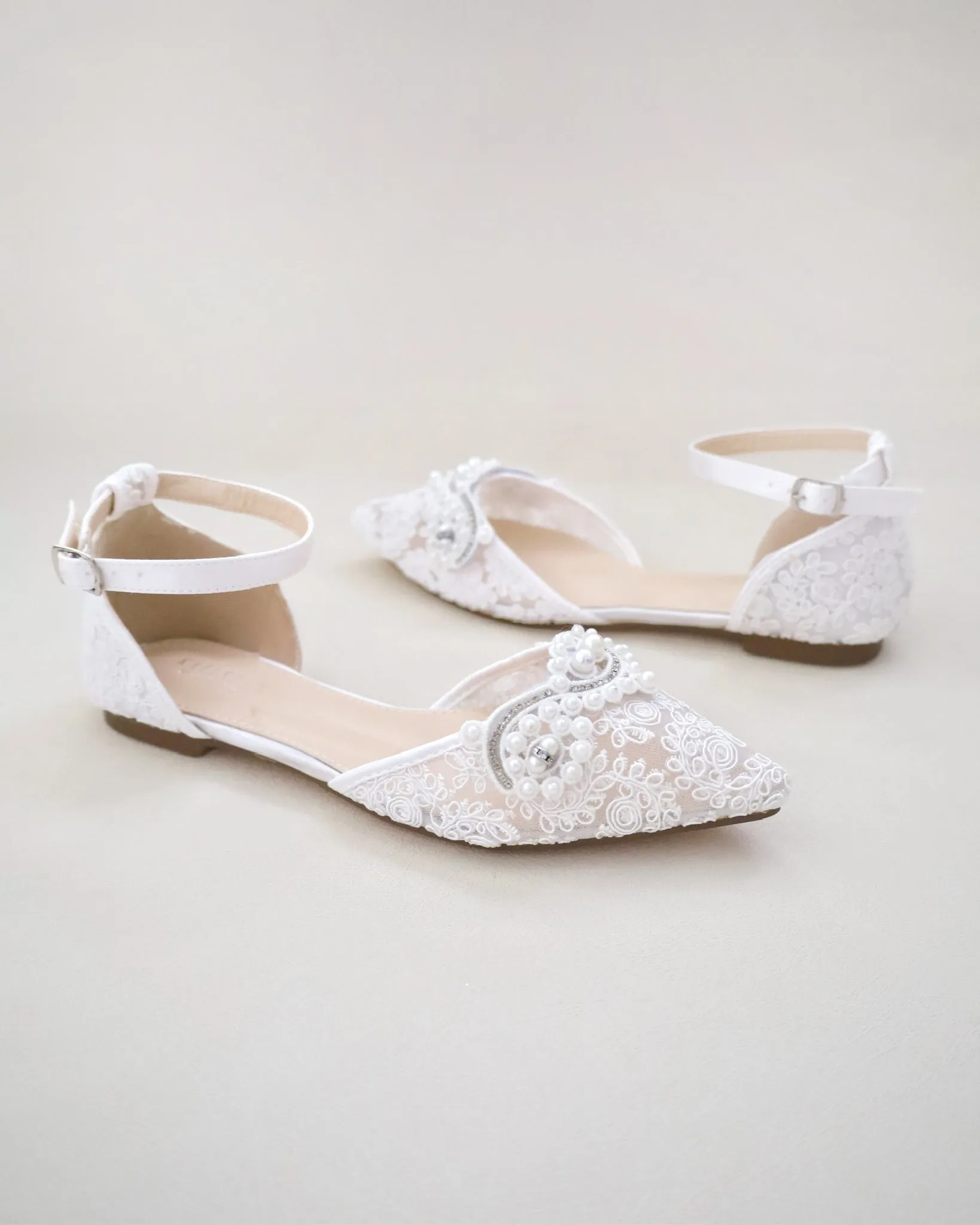 Crochet Lace Pointy Toe Flats with Small Pearls Applique