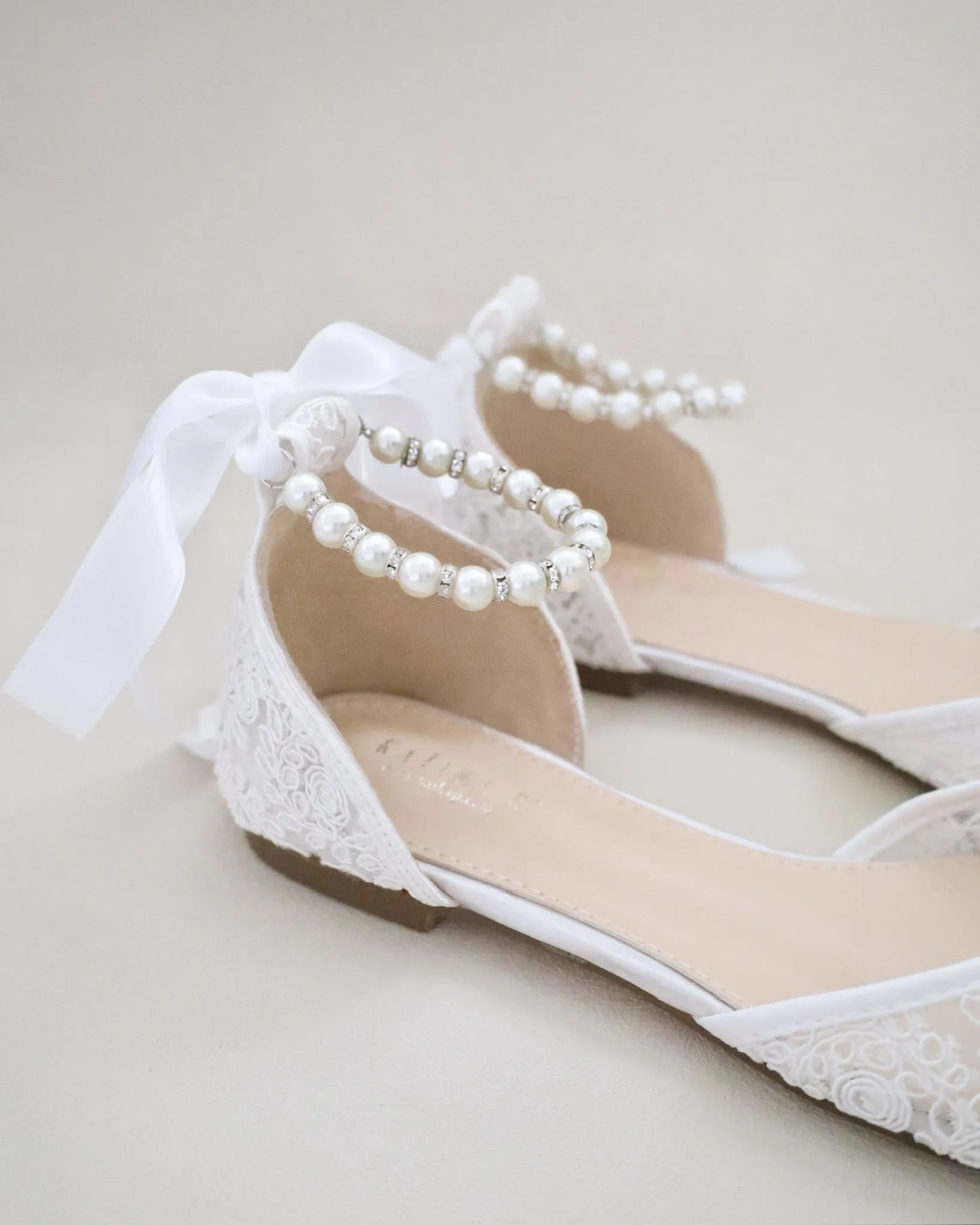 Crochet Lace Pointy Toe Flats with Small Pearls Applique