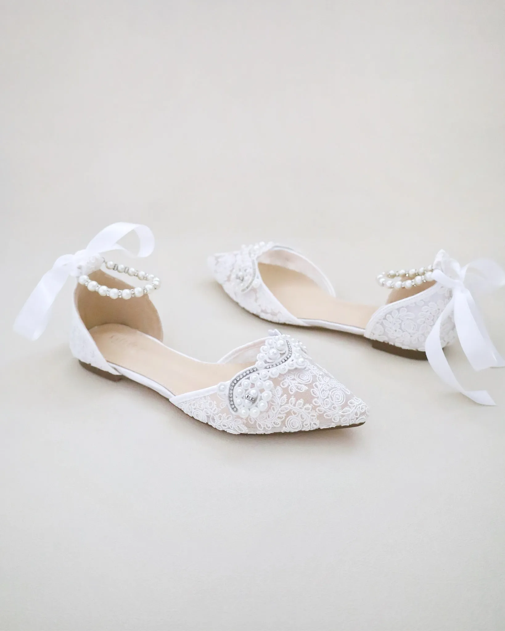 Crochet Lace Pointy Toe Flats with Small Pearls Applique