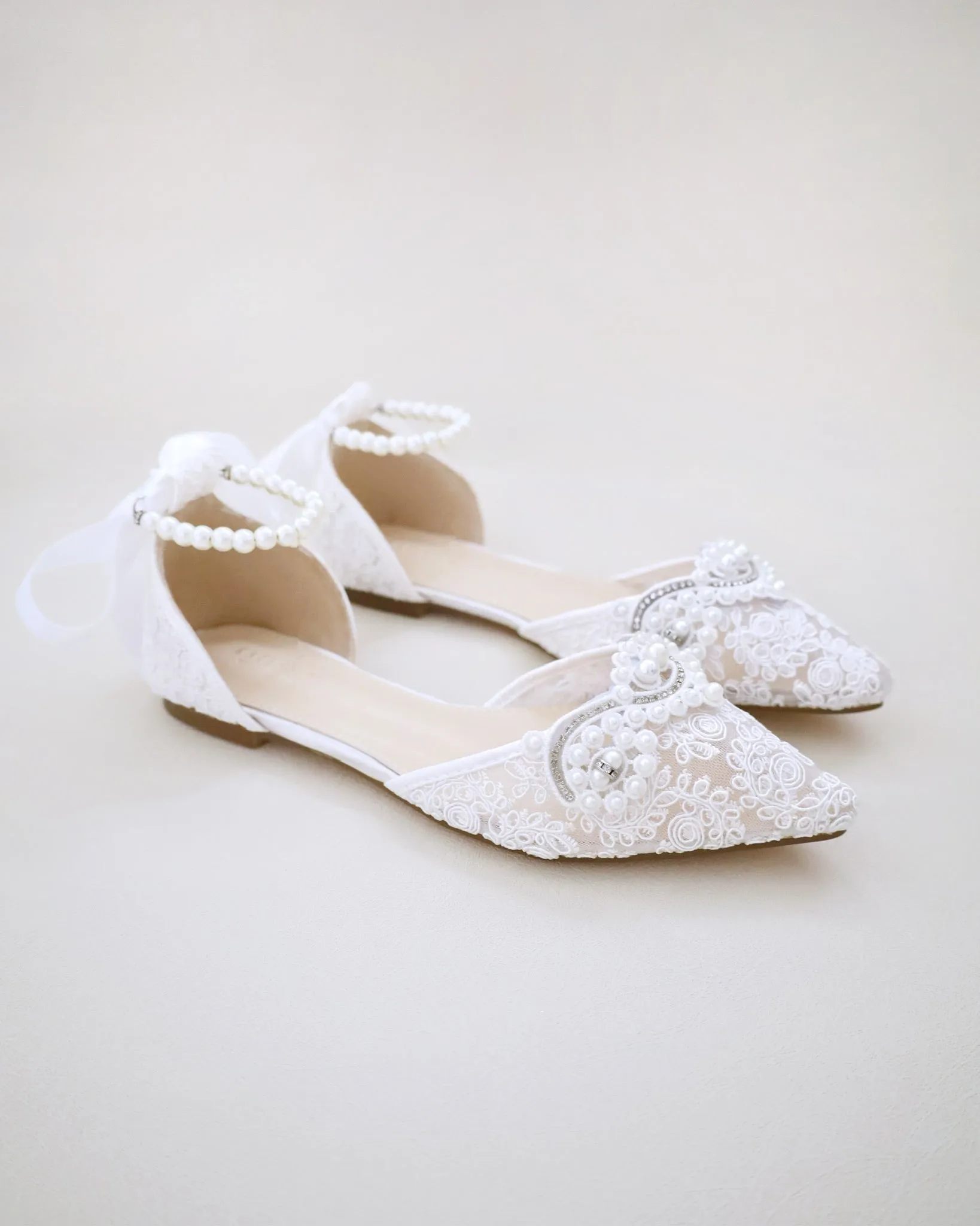 Crochet Lace Pointy Toe Flats with Small Pearls Applique