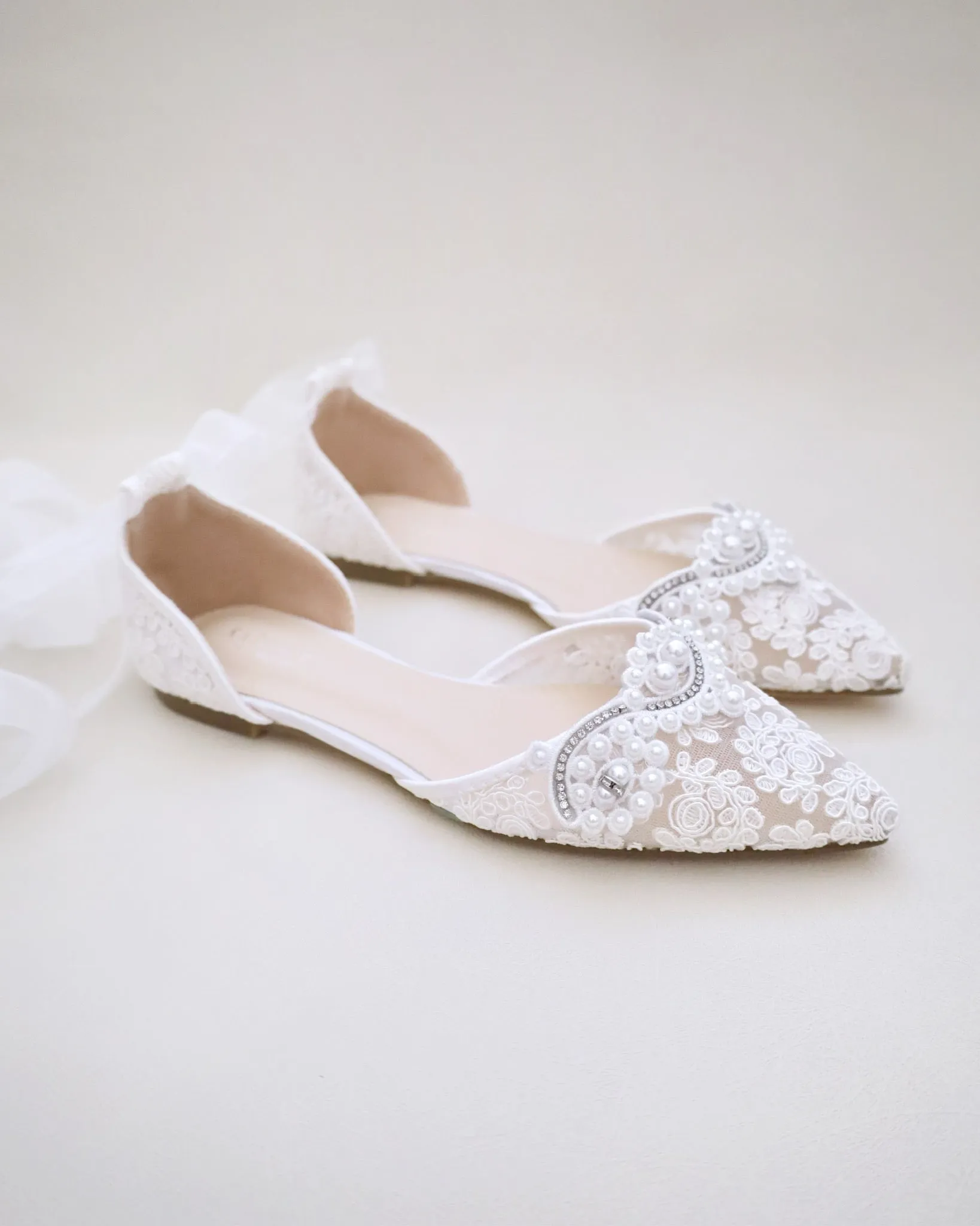 Crochet Lace Pointy Toe Flats with Small Pearls Applique