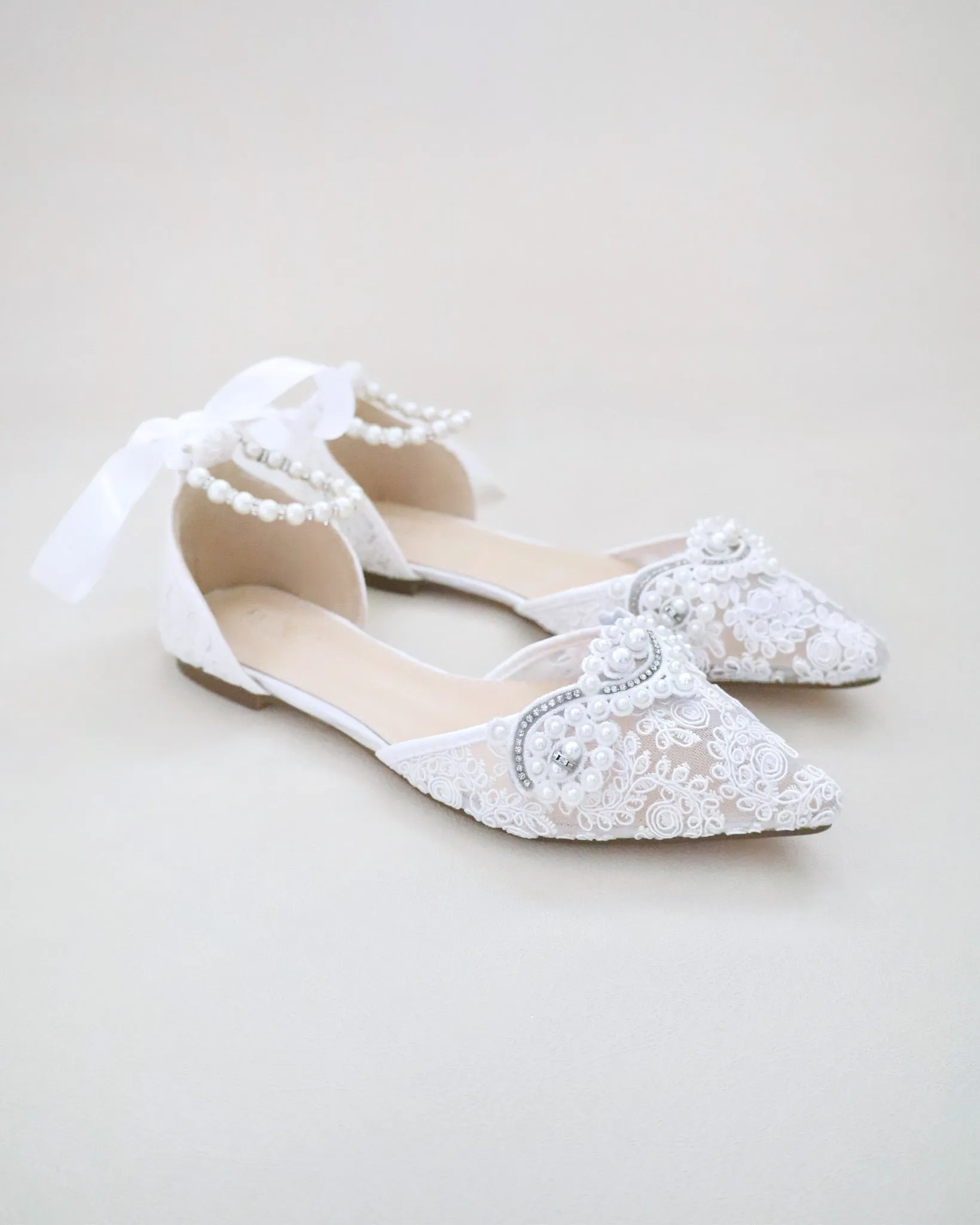 Crochet Lace Pointy Toe Flats with Small Pearls Applique