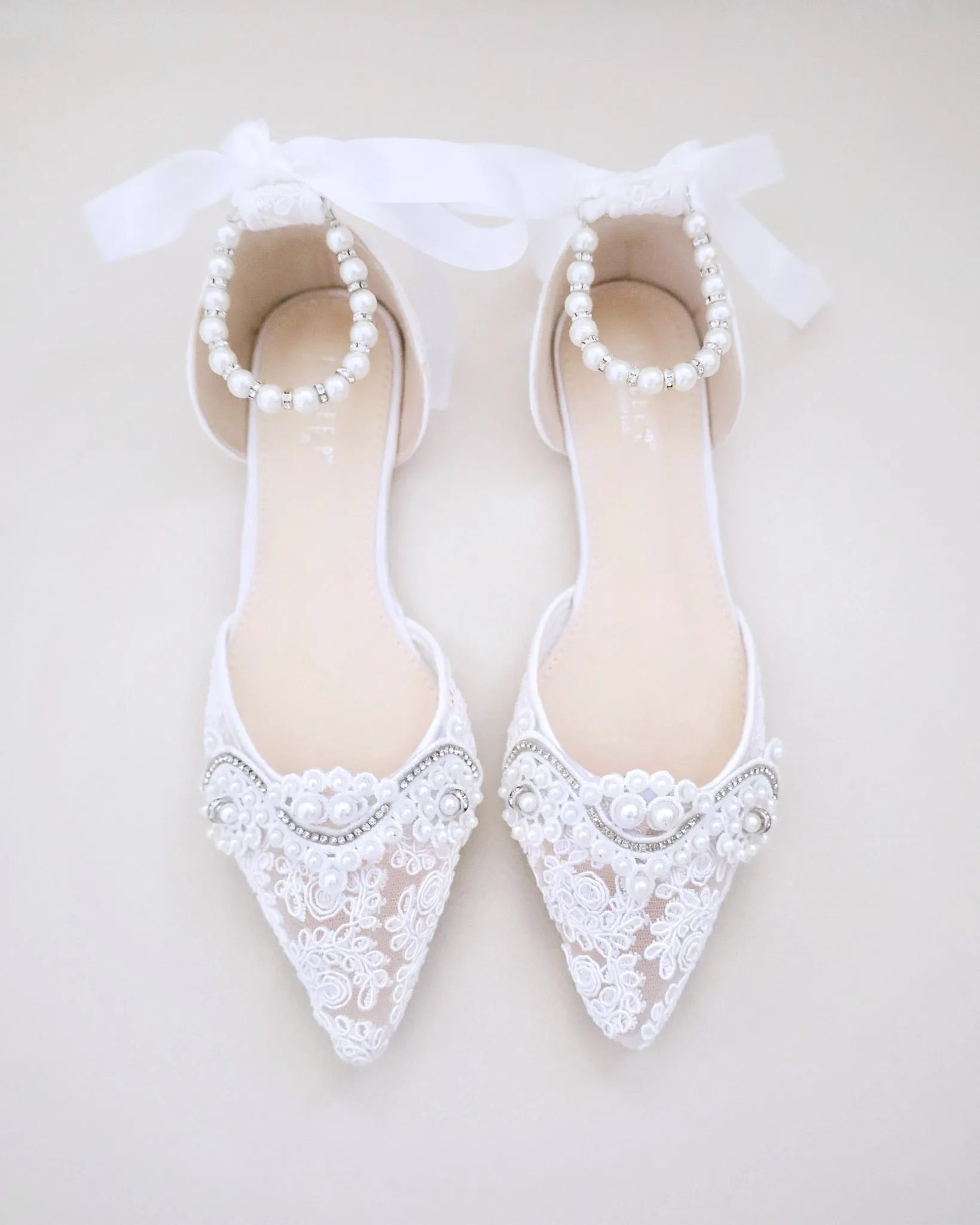 Crochet Lace Pointy Toe Flats with Small Pearls Applique