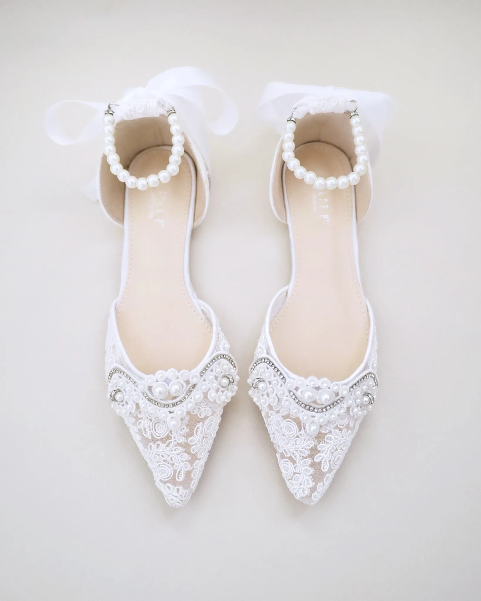Crochet Lace Pointy Toe Flats with Small Pearls Applique