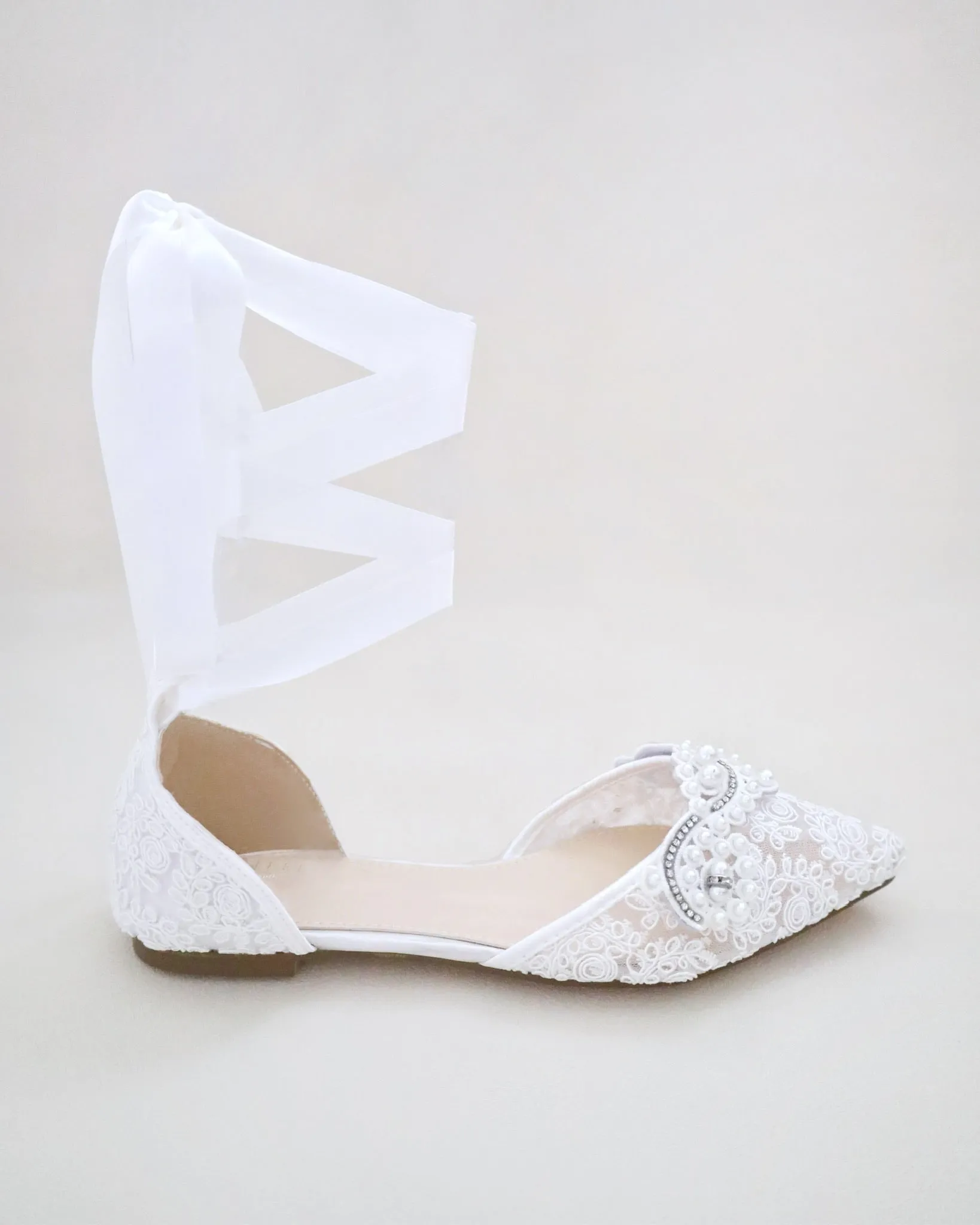 Crochet Lace Pointy Toe Flats with Small Pearls Applique
