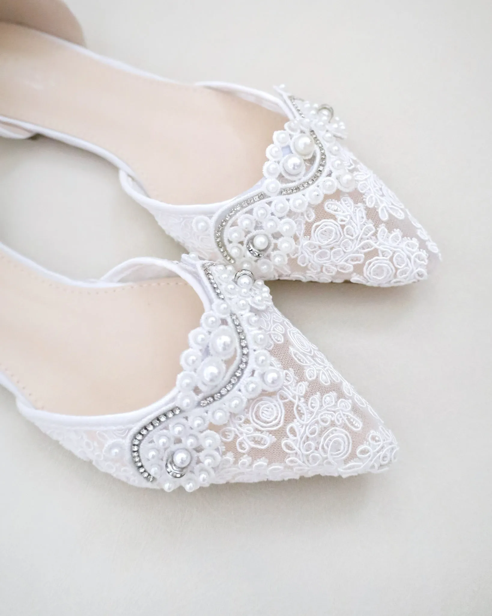 Crochet Lace Pointy Toe Flats with Small Pearls Applique