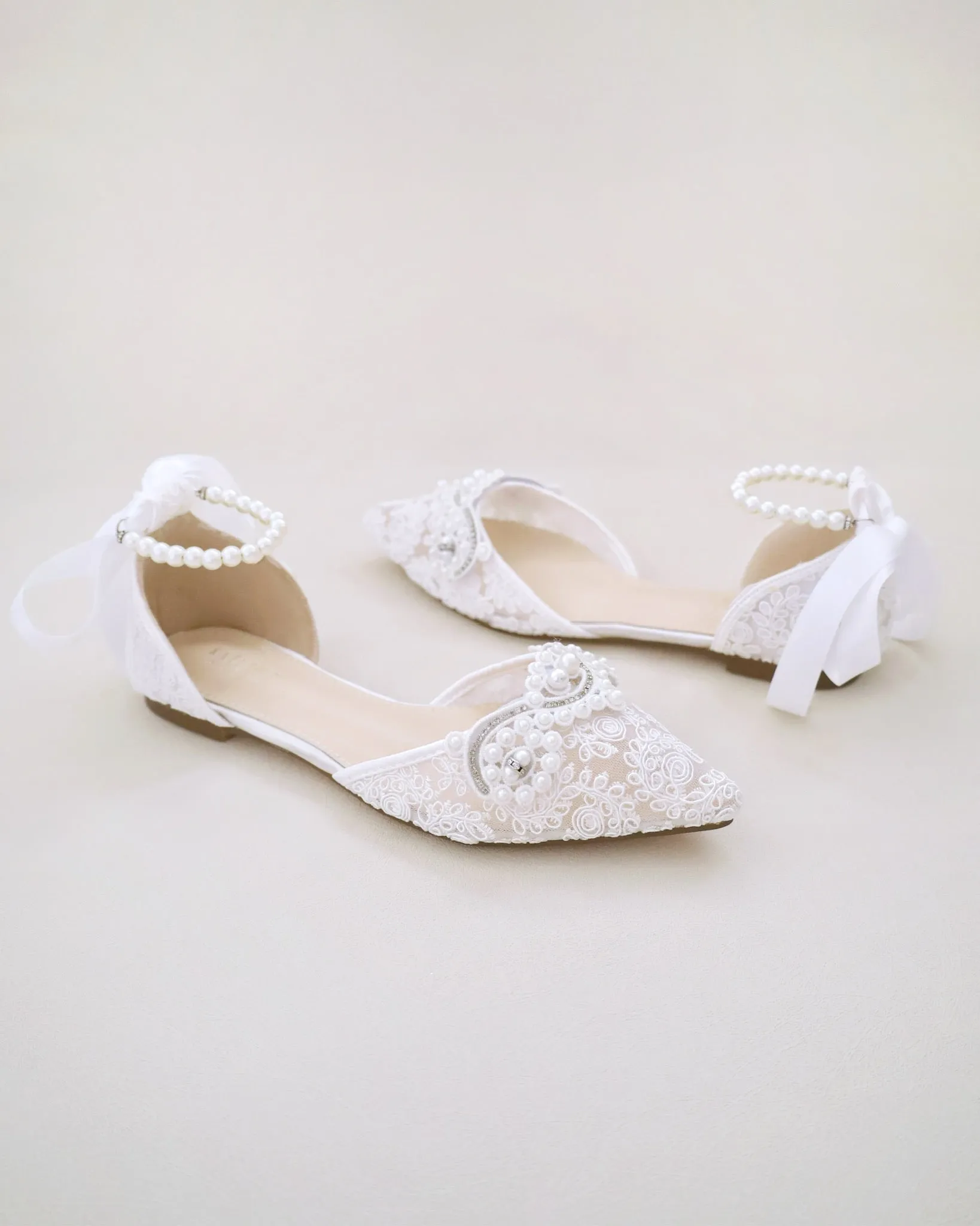Crochet Lace Pointy Toe Flats with Small Pearls Applique