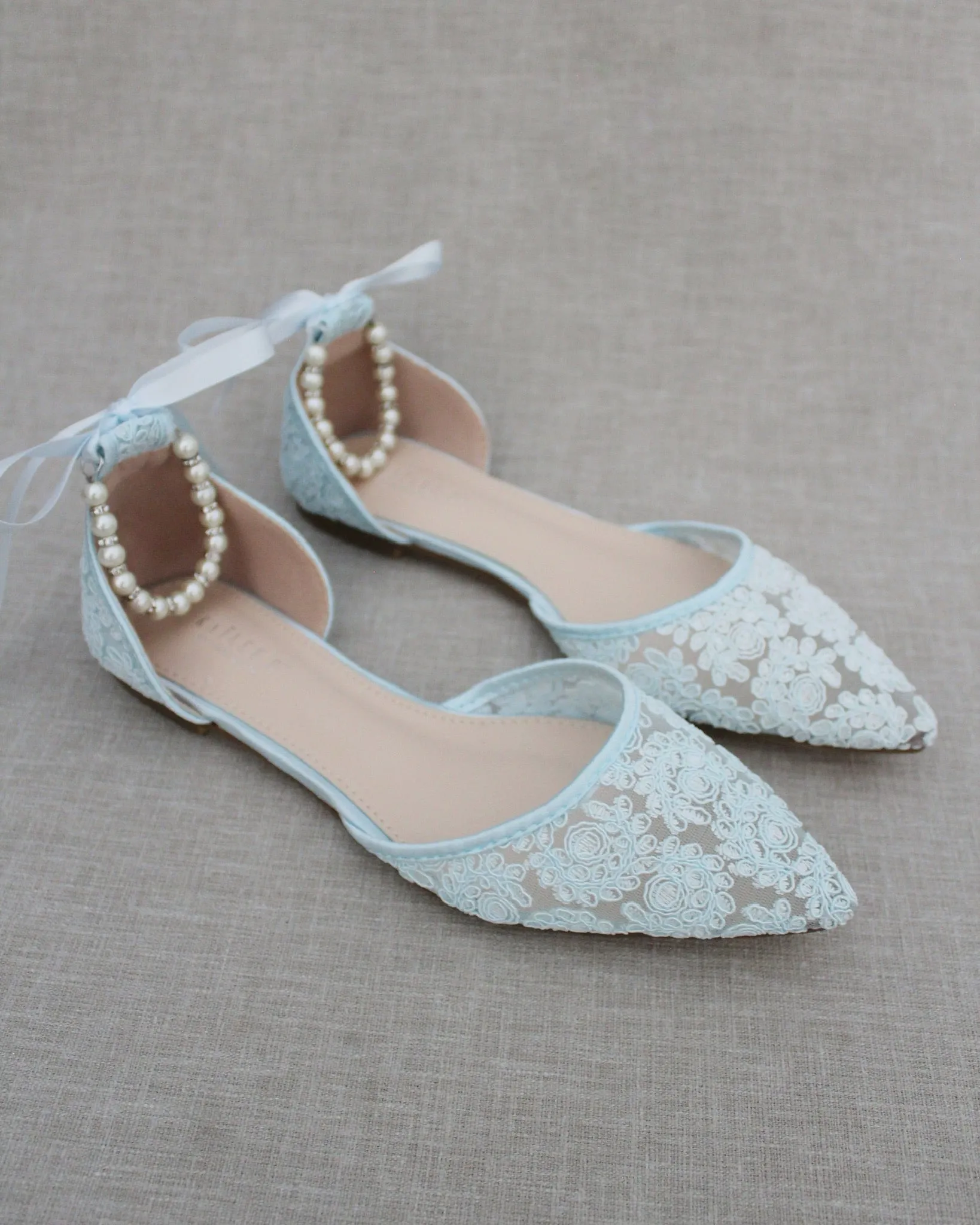 Crochet Lace Pointy Toe with Pearls Ankle Strap