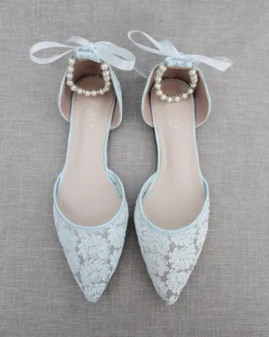 Crochet Lace Pointy Toe with Pearls Ankle Strap