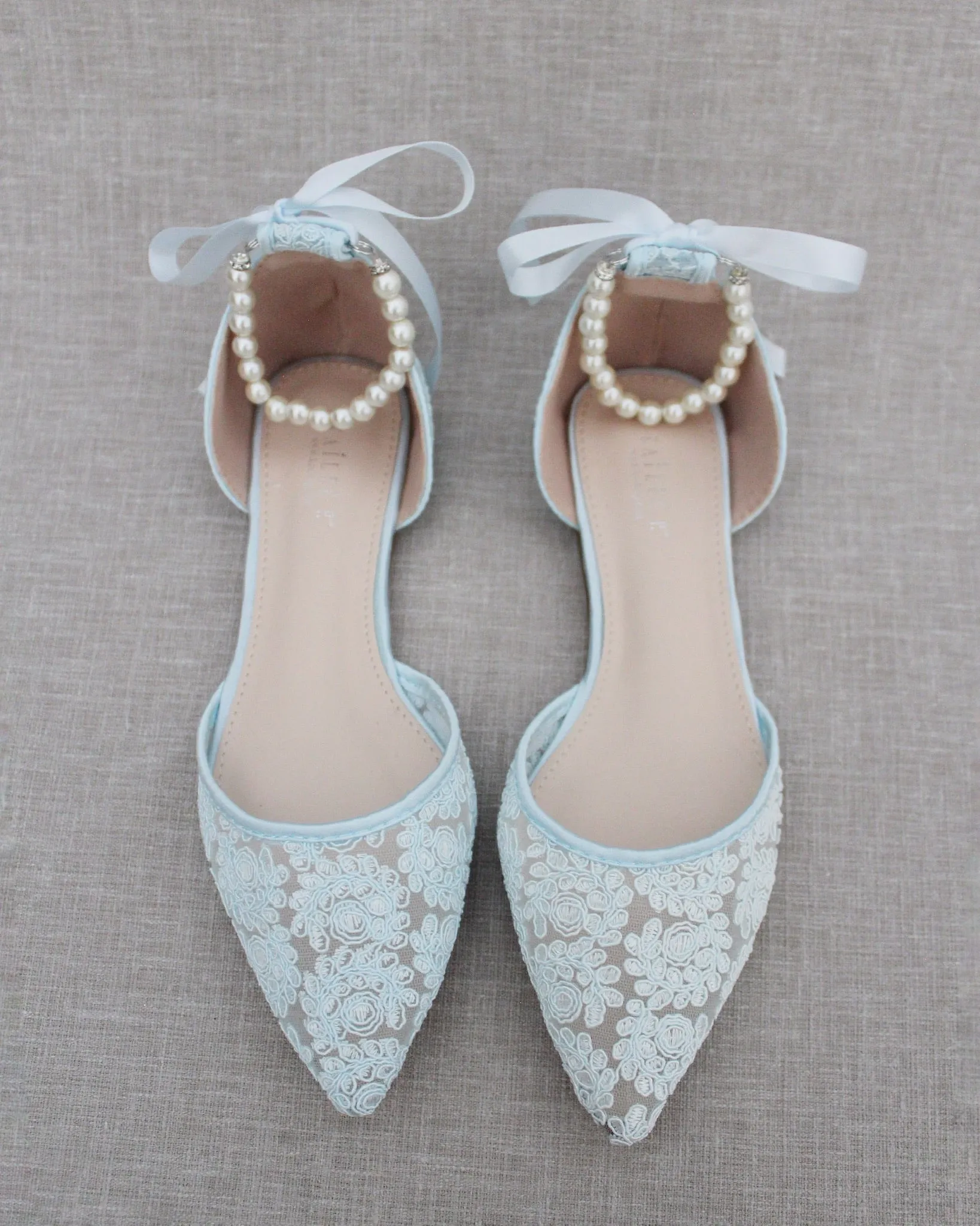 Crochet Lace Pointy Toe with Pearls Ankle Strap