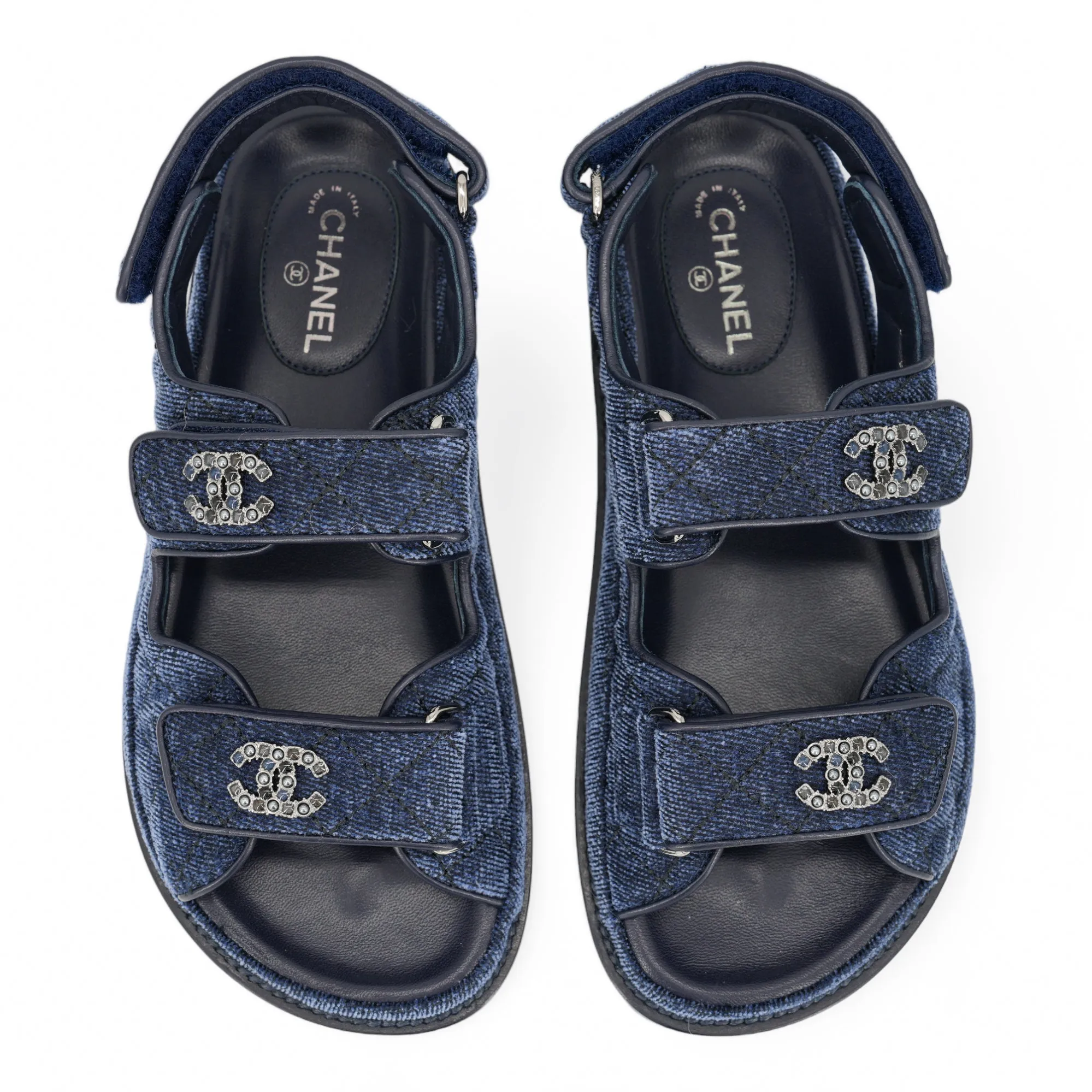 Dark Blue Fabric Beaded CC 'Dad' Velcro Sandals Sz35
