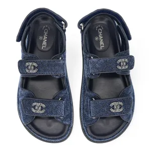 Dark Blue Fabric Beaded CC 'Dad' Velcro Sandals Sz35