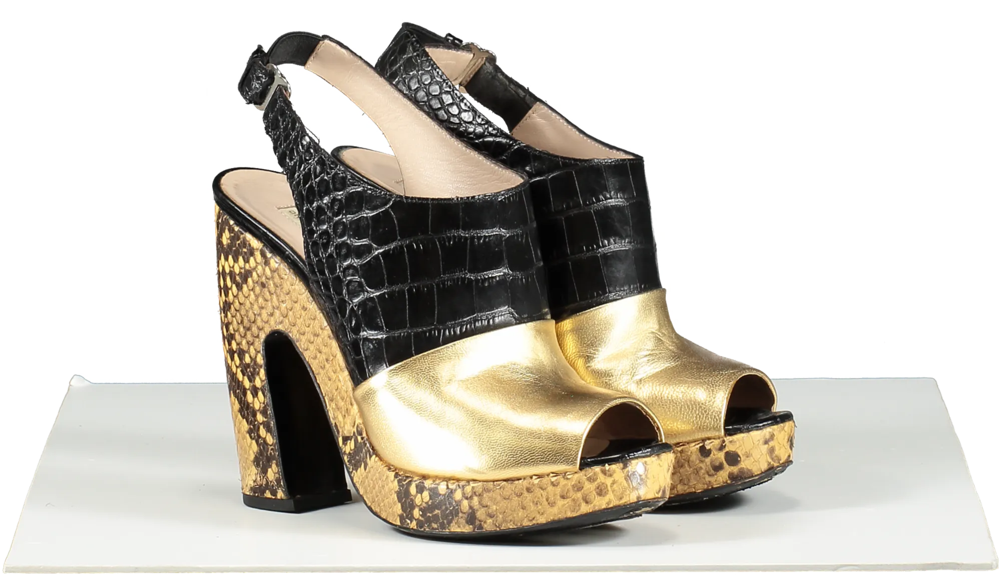 Dries Van Noten Metallic Gold /black Colour Block Python Platform Sandals UK 3 EU 36 👠