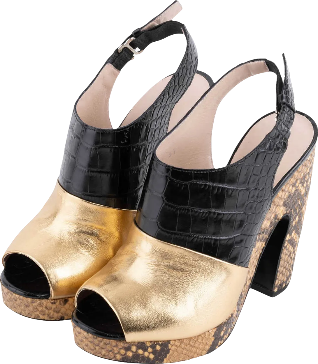 Dries Van Noten Metallic Gold /black Colour Block Python Platform Sandals UK 3 EU 36 👠