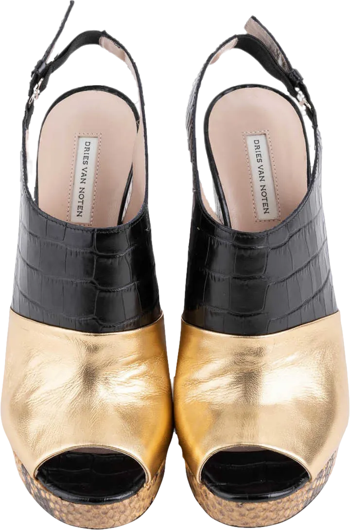 Dries Van Noten Metallic Gold /black Colour Block Python Platform Sandals UK 3 EU 36 👠