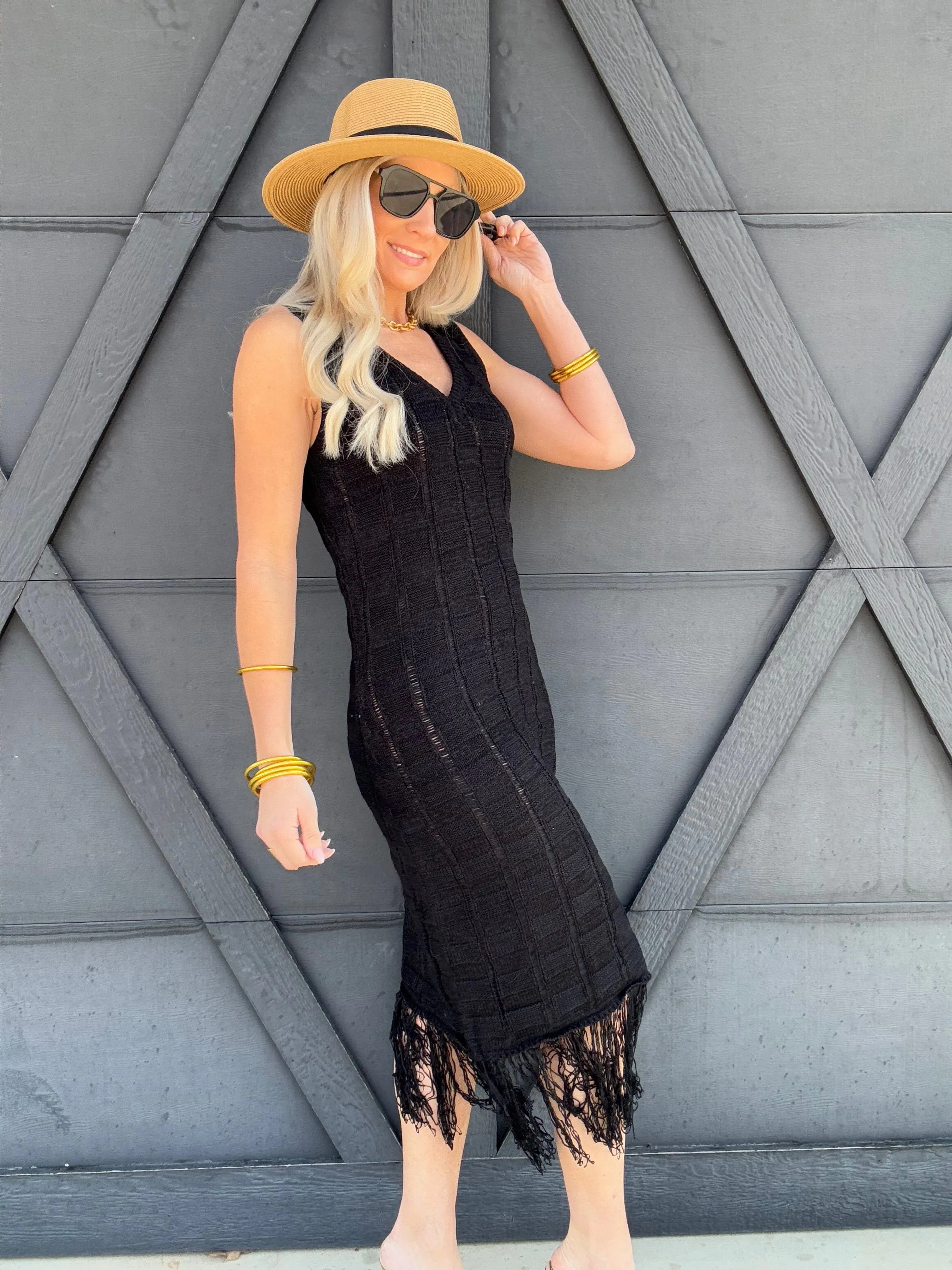 Drop Needle Fringe Dress In Black