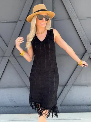 Drop Needle Fringe Dress In Black