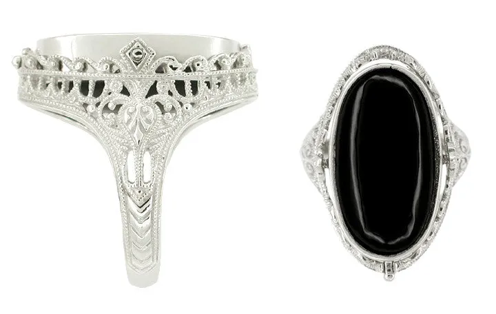 Edwardian Filigree Flip Ring with Carnelian Shell Cameo and Black Onyx in 14 Karat White Gold