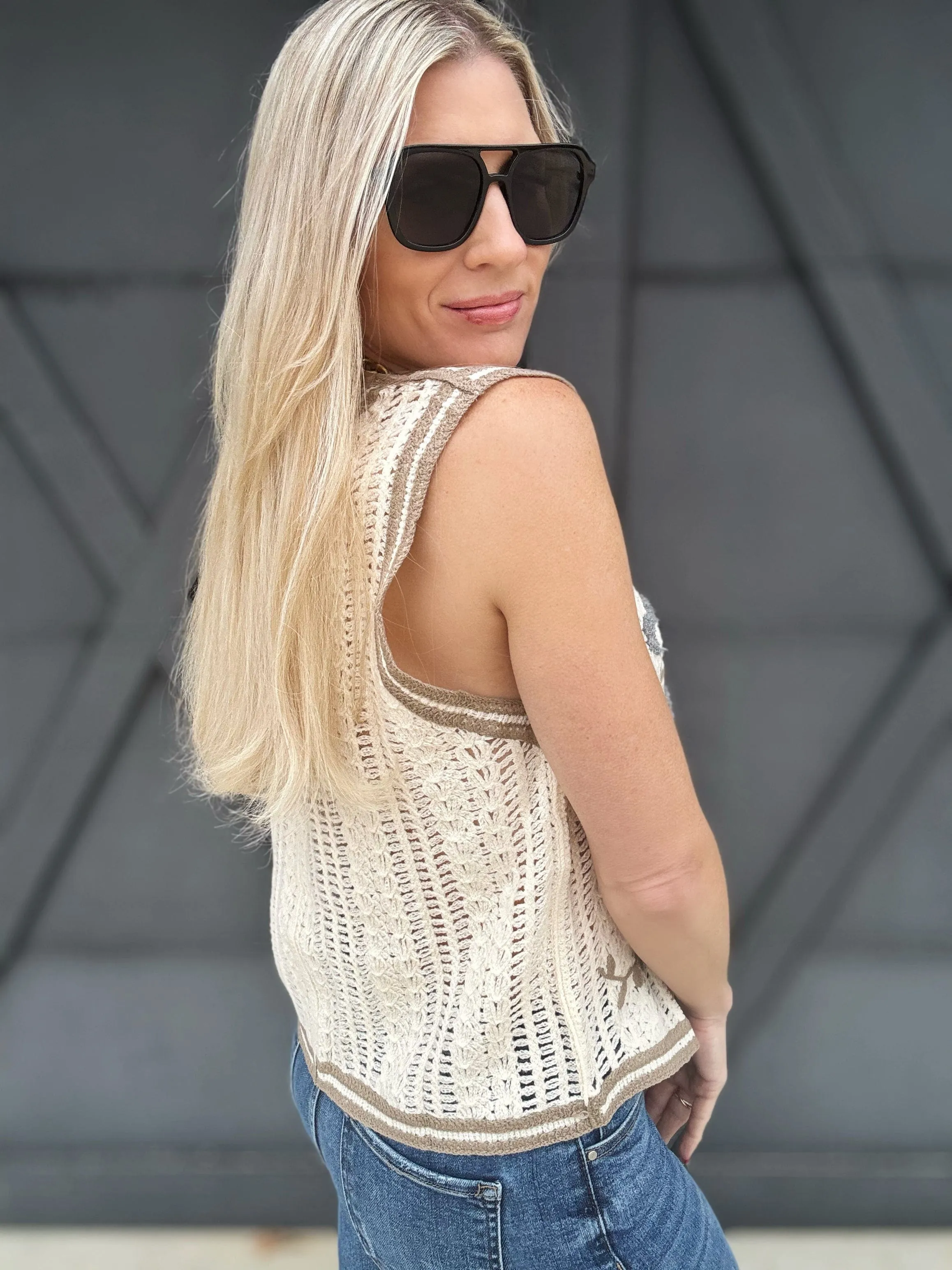 Embroidery Patch Crochet Sweater Vest In Latte Blue