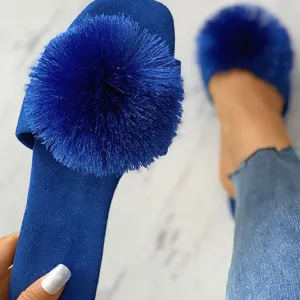 Fashion Hair Ball Solid Color Flat Sandals Slippers