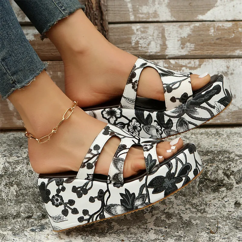Floral Embroidery Wedge Heel Fashion Slippers for Lady