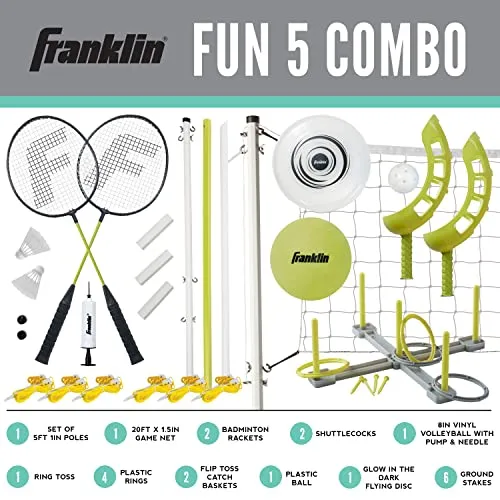 Franklin Sports Fun 5 Combo Set - Badminton - Volleyball - Ring Toss - Flip Toss - Flying Disc