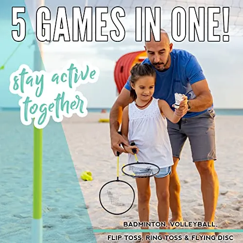Franklin Sports Fun 5 Combo Set - Badminton - Volleyball - Ring Toss - Flip Toss - Flying Disc