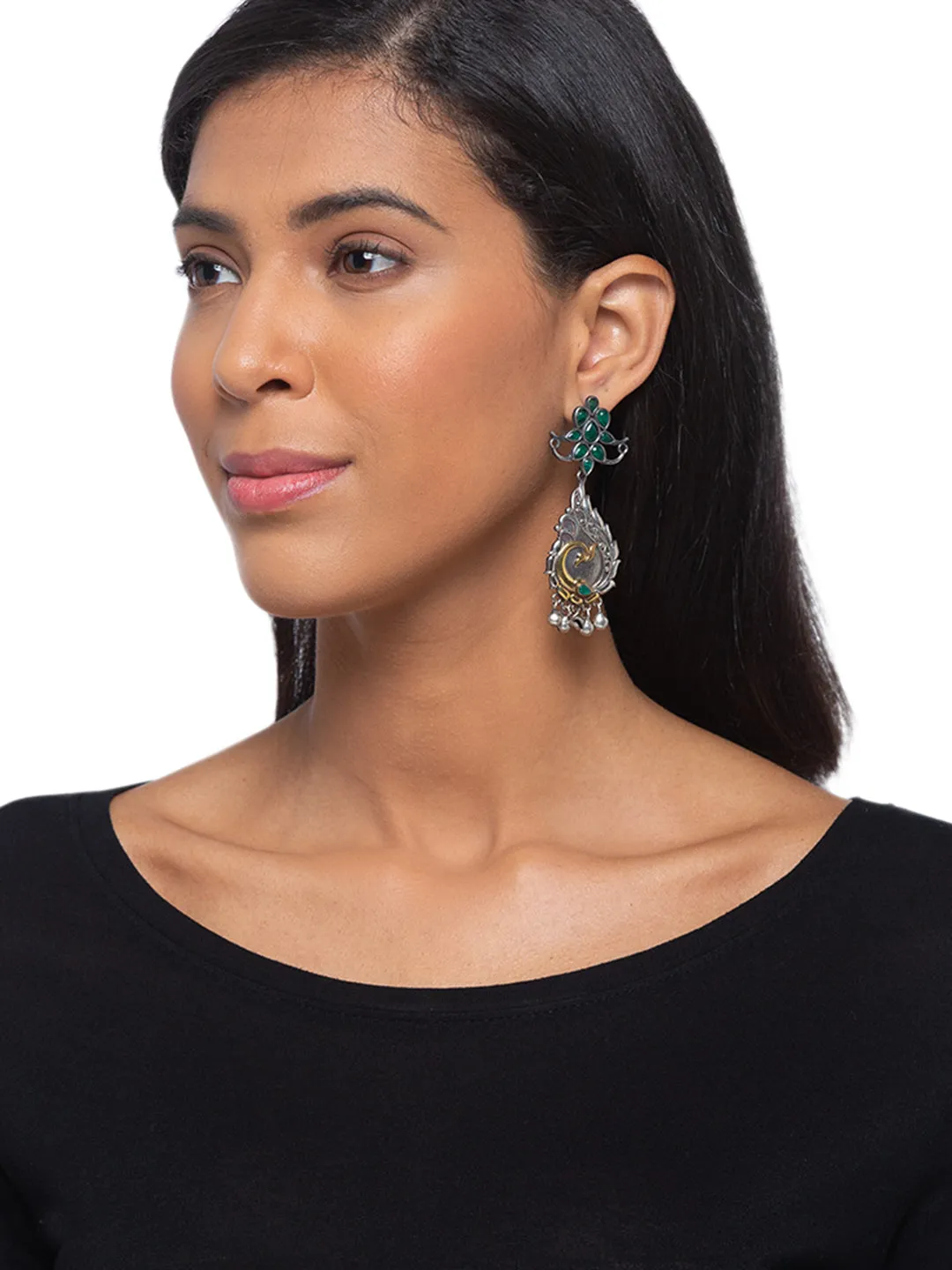 German Oxidized Silver Earrings Tribal Peacock Design Lightweight Stones Studded Danglers