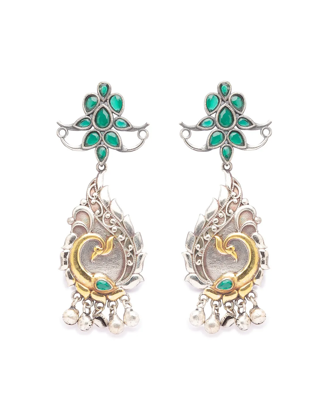 German Oxidized Silver Earrings Tribal Peacock Design Lightweight Stones Studded Danglers