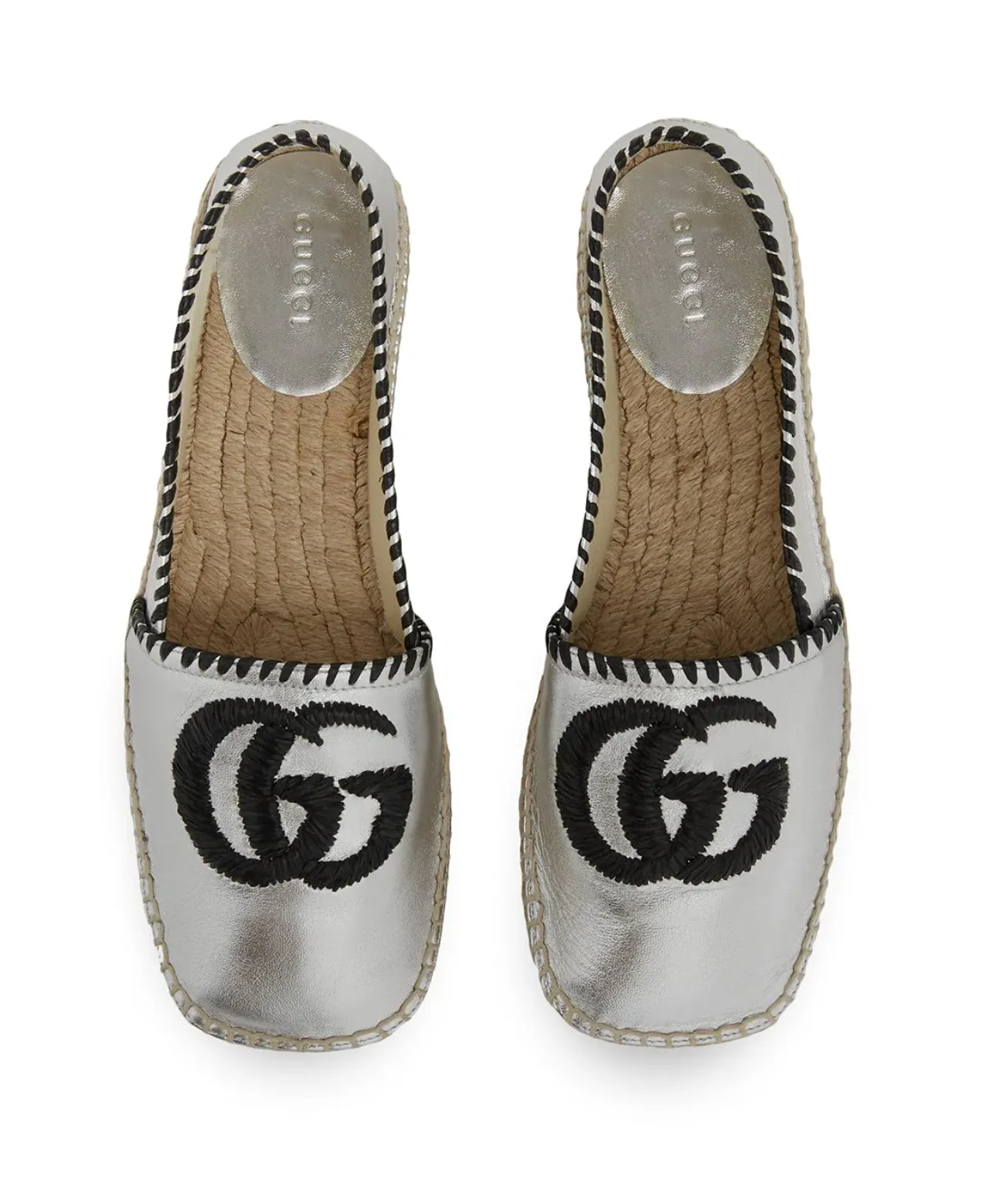 Gucci GG Embroidered Leather Espadrilles in Silver