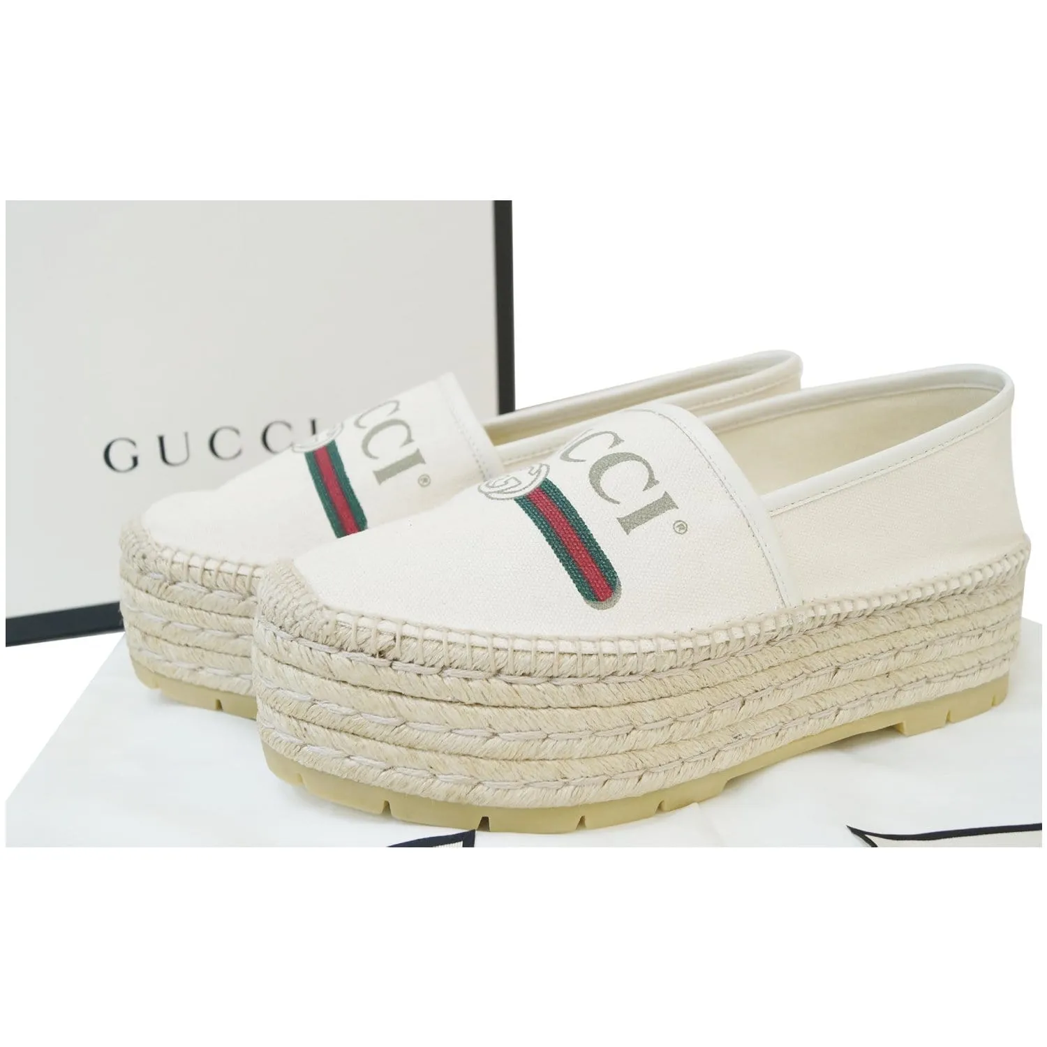 GUCCI Logo Sylvie Espadrilles Canvas Platform Off White 525989 US 8