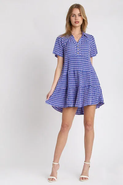 Hazel Blues® | Umgee Gingham Tiered Button Detail Short Sleeve Dress