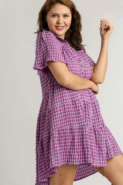 Hazel Blues® | Umgee Gingham Tiered Button Detail Short Sleeve Dress