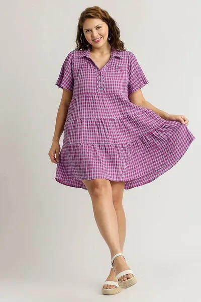 Hazel Blues® | Umgee Gingham Tiered Button Detail Short Sleeve Dress