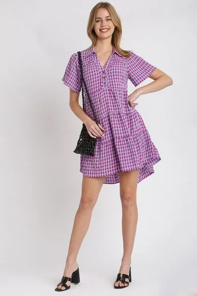 Hazel Blues® | Umgee Gingham Tiered Button Detail Short Sleeve Dress
