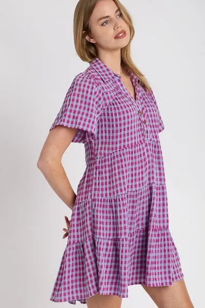 Hazel Blues® | Umgee Gingham Tiered Button Detail Short Sleeve Dress