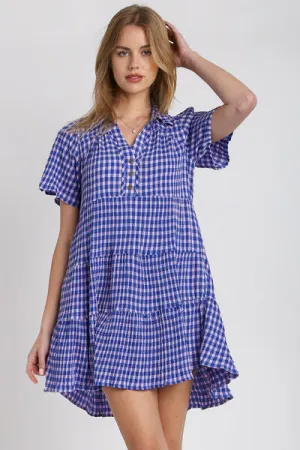 Hazel Blues® | Umgee Gingham Tiered Button Detail Short Sleeve Dress
