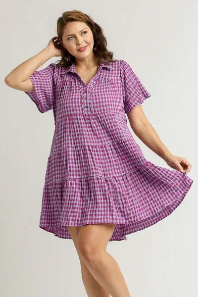 Hazel Blues® | Umgee Gingham Tiered Button Detail Short Sleeve Dress