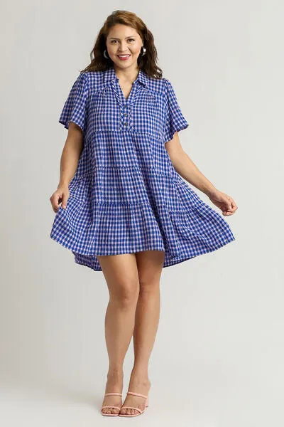 Hazel Blues® | Umgee Gingham Tiered Button Detail Short Sleeve Dress