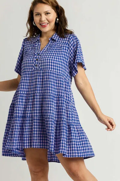 Hazel Blues® | Umgee Gingham Tiered Button Detail Short Sleeve Dress