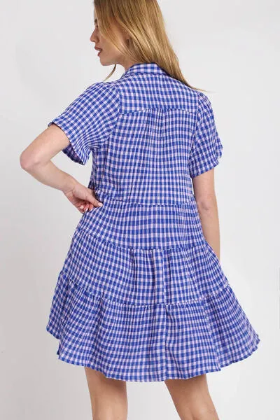 Hazel Blues® | Umgee Gingham Tiered Button Detail Short Sleeve Dress